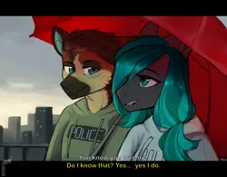 Size: 2500x1950 | Tagged: anthro, anthro oc, artist:varllai, city, cityscape, clothes, derpibooru import, diamond dog, diamond dog oc, female, hoodie, male, mare, oc, oc:crystal song, pegasus, police, safe, umbrella, unofficial characters only