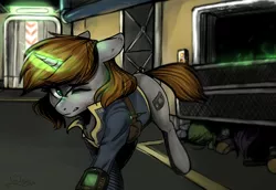 Size: 5100x3500 | Tagged: safe, artist:ognifireheart, derpibooru import, oc, oc:littlepip, unofficial characters only, earth pony, pony, unicorn, fallout equestria, fanfic, clothes, cutie mark, fallout, fanfic art, female, fight, floppy ears, glowing horn, hooves, horn, jacket, magic, male, mare, one eye closed, pipbuck, signature, solo focus, stallion, telekinesis, vault suit