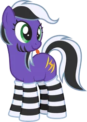 Size: 1724x2395 | Tagged: safe, artist:lightning stripe, derpibooru import, oc, oc:lightning stripe, unofficial characters only, earth pony, pony, 2019 community collab, derpibooru community collaboration, :p, black and white mane, clothes, cross-eyed, eyelashes, female, green eyes, mare, purple, show accurate, silly, simple background, socks, solo, striped socks, stripes, tongue out, transparent background, two toned mane