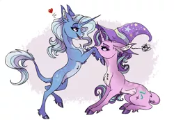 Size: 2857x1976 | Tagged: safe, artist:marbola, derpibooru import, starlight glimmer, trixie, classical unicorn, pony, unicorn, :t, accessory swap, bipedal, butt fluff, cheek fluff, chest fluff, clothes, cloven hooves, colored hooves, cute, ear fluff, engrish, eye contact, eyeshadow, female, floppy ears, fluffy, hat, heart, leg fluff, leonine tail, lesbian, lidded eyes, looking at each other, makeup, mare, open mouth, pale belly, profile, pubic fluff, raised leg, shipping, simple background, sitting, smiling, squishy cheeks, startrix, tail fluff, trixie's hat, unamused, unshorn fetlocks, white background