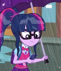 Size: 618x720 | Tagged: safe, derpibooru import, screencap, sci-twi, twilight sparkle, eqg summertime shorts, equestria girls, monday blues, cropped, female, geode of telekinesis, glasses, magical geodes, smiling, solo, wet hair
