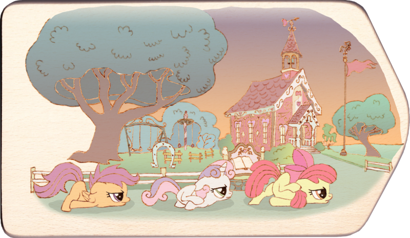 Size: 2798x1630 | Tagged: apple bloom, artist:malte279, craft, cute, cutie mark crusaders, derpibooru import, digitally colored, playground, pyrography, safe, school, scootaloo, scootie belle, scootie bloom, scootie scootaloo, scooting, sweetie belle, traditional art