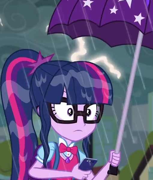 Size: 605x712 | Tagged: safe, derpibooru import, screencap, sci-twi, twilight sparkle, eqg summertime shorts, equestria girls, monday blues, clothes, cropped, female, geode of telekinesis, glasses, lightning, magical geodes, mobile phone, phone, ponytail, rain, smartphone, umbrella, wet hair