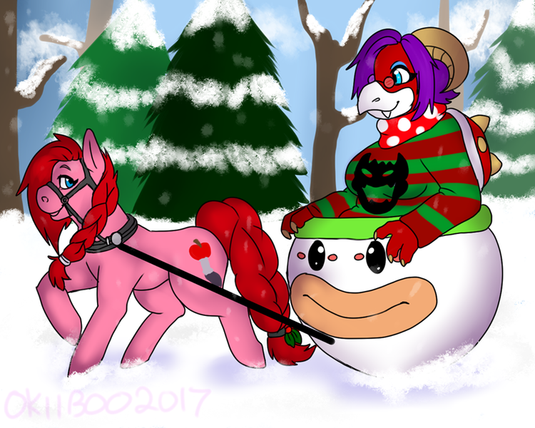 Size: 960x768 | Tagged: artist:currypuppy, derpibooru import, furry, koopa clown car, koopalings, oc, oc:cherryfiller, reins, safe, sledding, winter