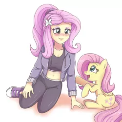 Size: 2952x2952 | Tagged: safe, artist:sumin6301, derpibooru import, fluttershy, bat pony, pegasus, pony, equestria girls, adorasexy, belly button, breasts, busty fluttershy, clothes, converse, cute, duo, female, flutterbat, human ponidox, mare, midriff, race swap, self ponidox, sexy, shoes, shyabetes, sneakers, sports bra