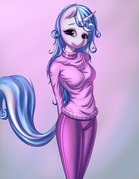 Size: 1500x1929 | Tagged: safe, artist:derpifecalus, derpibooru import, oc, oc:melodia, unofficial characters only, anthro, unicorn, anthro oc, breasts, clothes, commission, female, gradient background, horn, mare, sweater, tail, ych result