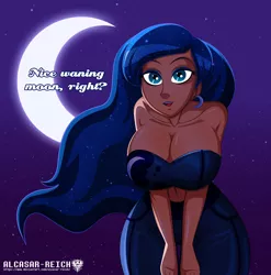 Size: 3100x3132 | Tagged: arm boob squeeze, artist:alcasar-reich, big breasts, breasts, busty princess luna, cleavage, clothes, derpibooru import, dialogue, female, human, humanized, looking at you, midriff, moon, night, princess luna, solo, solo female, suggestive