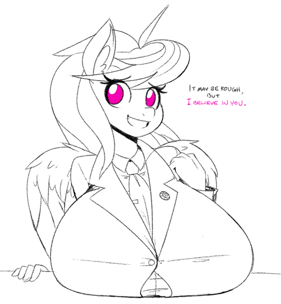 Size: 897x968 | Tagged: anthro, artist:reiduran, big breasts, breasts, business suit, clothes, dead source, derpibooru import, female, huge breasts, impossibly large breasts, lineart, looking at you, mare, oc, oc:ostria chime, partial color, pegasus, positive ponies, pussytivity, simple background, smiling, solo, solo female, suggestive, talking to viewer, unofficial characters only, white background