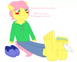 Size: 1398x1122 | Tagged: suggestive, artist:logan jones, derpibooru import, fluttershy, anthro, barefoot, bisexual, blushing, butterscotch, clothes, feather, feet, femboy, fetish, flats, foot fetish, foot focus, giggling, hoodie, image, implied logan berry, jeans, male, male feet, nail polish, offscreen character, pants, png, rule 63, sexy, shoes, soles, tickle fetish, tickling, toes