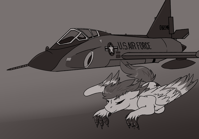 Size: 5000x3500 | Tagged: aircraft, artist:loki-bagel, derpibooru import, fighter plane, flying, hippogriff, monochrome, oc, oc:delta dart, safe, talons