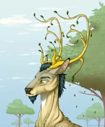 Size: 1200x1452 | Tagged: antlers, artist:dementra369, branches for antlers, cervine, crying, deer, deer oc, derpibooru import, edit, eikerren, facial hair, forest, goatee, leaves, male, manly tears, non-pony oc, oc, oc:prince vernalis, original species, sad, safe, tears of pain, unofficial characters only, wings