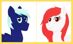 Size: 1112x678 | Tagged: safe, artist:lukington17, derpibooru import, oc, oc:electric blue, oc:seraphine night, unofficial characters only, pegasus, pony, bust, female, looking at you, male, portrait, simple background, smiling, traditional art