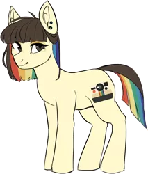 Size: 912x1071 | Tagged: safe, artist:varllai, derpibooru import, oc, oc:polie lightmixer, unofficial characters only, earth pony, pony, 2019 community collab, derpibooru community collaboration, camera, eyeshadow, female, looking at you, makeup, mare, multicolored hair, piercing, rainbow hair, rainbow tail, simple background, solo, transparent background