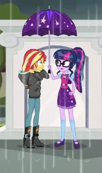 Size: 409x695 | Tagged: safe, derpibooru import, screencap, sci-twi, sunset shimmer, twilight sparkle, eqg summertime shorts, equestria girls, monday blues, boots, clothes, cropped, female, geode of telekinesis, glasses, high heel boots, hoodie, legs, magical geodes, mary janes, pants, ponytail, rain, shipping fuel, shoes, skirt, socks, umbrella, wet hair