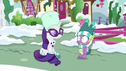Size: 1280x720 | Tagged: best gift ever, clothes, derpibooru import, rarity, safe, scarf, screencap, snow, spike, sunglasses, tail, tailboner