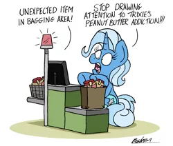 Size: 5011x4244 | Tagged: safe, artist:bobthedalek, derpibooru import, trixie, pony, unicorn, absurd resolution, addiction, dialogue, female, food, funny, groceries, mare, peanut butter, screaming, shopping, shopping bags, simple background, solo, that pony sure loves peanut butter, white background