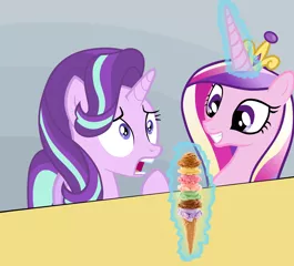 Size: 1280x1158 | Tagged: derpibooru import, food, ice cream, magic, princess cadance, safe, shocked, starlight glimmer