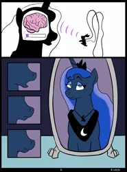 Size: 729x984 | Tagged: safe, artist:bitshift, derpibooru import, princess luna, alicorn, pony, brain, comic, female, horn, jewelry, mare, mind control, mirror, open mouth, regalia, solo, tiara, x-ray