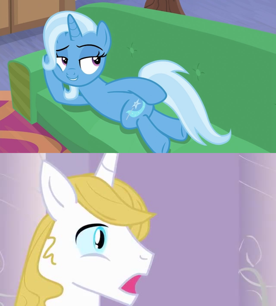 Size: 1200x1330 | Tagged: safe, derpibooru import, edit, edited screencap, editor:jdueler11, screencap, prince blueblood, trixie, pony, unicorn, road to friendship, the best night ever, bluetrix, crack shipping, draw me like one of your french girls, female, male, mare, shipping, stallion, straight