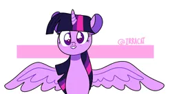 Size: 1540x846 | Tagged: safe, artist:1racat, derpibooru import, twilight sparkle, twilight sparkle (alicorn), alicorn, pony, bean mouth, female, looking at you, mare, smiling, solo, spread wings, wings