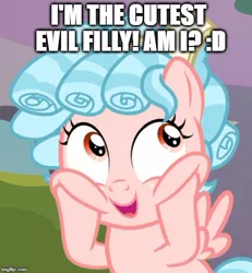 Size: 500x541 | Tagged: artist:nukarulesthehouse1, caption, chubby cheeks, cozybetes, cozy glow, cozy glow is best facemaker, curly hair, cute, derpibooru import, edit, edited screencap, female, filly, foal, funny, image macro, meme, pure concentrated unfiltered evil of the utmost potency, pure unfiltered evil, safe, school raze, screencap, small wings, solo, text, wings