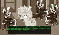 Size: 1922x1157 | Tagged: safe, artist:twiface, derpibooru import, edit, edited screencap, screencap, cozy glow, pegasus, pony, zebra, angry, caption, fallout, fallout 3, female, filly, image macro, meme, text, tranquility lane, zebra rifle