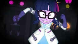 Size: 1920x1080 | Tagged: safe, derpibooru import, screencap, sci-twi, twilight sparkle, eqg summertime shorts, equestria girls, mad twience, clothes, evil grin, glasses, gloves, grin, it begins, jacket, mad scientist, smiling