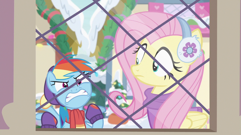 Size: 1280x720 | Tagged: safe, derpibooru import, screencap, fluttershy, rainbow dash, pegasus, pony, best gift ever, angry, clothes, cute, dashabetes, earmuffs, female, gritted teeth, madorable, mare, rainbowsnap, scarf, snow, window