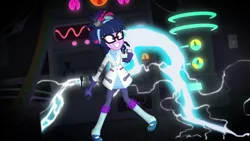Size: 1920x1080 | Tagged: safe, derpibooru import, screencap, sci-twi, twilight sparkle, eqg summertime shorts, equestria girls, mad twience, clothes, electricity, glasses, gloves, grin, lab coat, mad scientist, pants, smiling