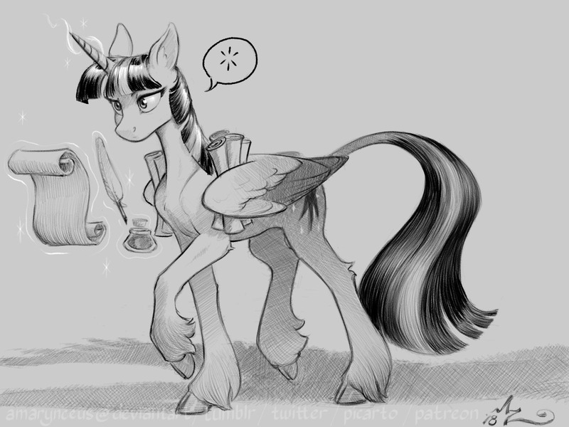 Size: 1200x900 | Tagged: safe, artist:amarynceus, deleted from derpibooru, derpibooru import, twilight sparkle, twilight sparkle (alicorn), alicorn, classical unicorn, pony, unicorn, cloven hooves, female, gray background, grayscale, implied lesbian, implied princess luna, implied shipping, implied twiluna, inkwell, leonine tail, levitation, magic, magic aura, mare, monochrome, quill, scroll, simple background, solo, telekinesis, unshorn fetlocks