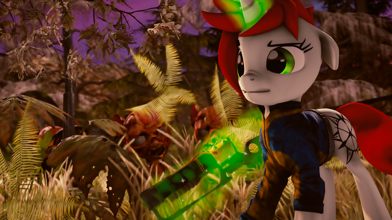 Size: 2560x1440 | Tagged: safe, artist:redaceofspades, derpibooru import, oc, unofficial characters only, ghoul, pony, undead, unicorn, fallout equestria, fanfic, 3d, clothes, cutie mark, energy weapon, fanfic art, female, floppy ears, forest, glowing horn, gun, horn, laser rifle, levitation, magic, magical energy weapon, mare, source filmmaker, telekinesis, vault suit, weapon