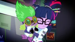 Size: 1920x1080 | Tagged: safe, derpibooru import, screencap, sci-twi, spike, spike the regular dog, twilight sparkle, dog, eqg summertime shorts, equestria girls, mad twience, clothes, cute, eyes closed, glasses, gloves, goggles, hug, lab coat, mama twilight, spikabetes, spikelove, twiabetes