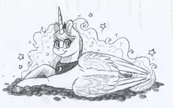 Size: 1024x643 | Tagged: safe, artist:69beas, derpibooru import, princess luna, alicorn, pony, collar, crown, ethereal mane, female, folded wings, jewelry, looking at you, mare, monochrome, prone, regalia, solo, stars, traditional art, wings
