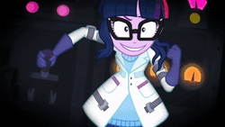 Size: 800x450 | Tagged: safe, derpibooru import, screencap, sci-twi, twilight sparkle, eqg summertime shorts, equestria girls, mad twience, animated, clothes, electricity, evil grin, gif, glasses, gloves, grin, lab coat, mad scientist, pants, science, shoes, smiling