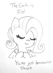 Size: 1277x1755 | Tagged: safe, artist:tjpones, derpibooru import, fluttershy, pegasus, pony, black and white, eyes closed, flat earth, flutterdumb, grayscale, idiot, monochrome, solo, wake up sheeple