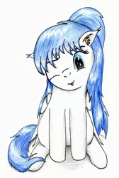 Size: 2030x3025 | Tagged: safe, artist:40kponyguy, derpibooru import, oc, oc:clarise, pegasus, pony, :p, cute, ear fluff, floppy ears, looking at you, one eye closed, ponytail, silly, simple background, solo, tongue out, traditional art, white background