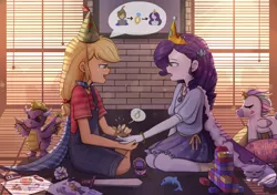 Size: 1700x1200 | Tagged: safe, artist:tcn1205, derpibooru import, applejack, opalescence, rarity, dragon, human, equestria girls, clothes, cute, daaaaaaaaaaaw, female, humanized, jackabetes, jewelry, kneeling, lesbian, looking at each other, plushie, pony coloring, raribetes, rarijack, ring, shipping, smiling, weapons-grade cute