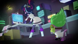 Size: 1920x1080 | Tagged: safe, derpibooru import, screencap, sci-twi, spike, spike the regular dog, twilight sparkle, dog, eqg summertime shorts, equestria girls, mad twience, book, laboratory, the ass was fat