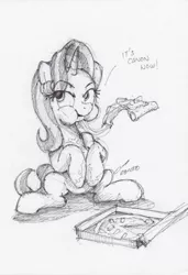 Size: 469x684 | Tagged: safe, artist:buckweiser, derpibooru import, starlight glimmer, pony, unicorn, eating, everything is ruined, female, food, ink drawing, mare, messy eating, monochrome, pineapple pizza, pizza, pizza box, pure unfiltered evil, simple background, sitting, sketch, solo, text, that pony sure does love pineapple pizza, traditional art, white background