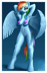 Size: 2600x4000 | Tagged: abs, anthro, arm behind head, armpits, artist:clear vision, bedroom eyes, belly button, breasts, cutie mark, derpibooru import, featureless crotch, female, godiva hair, hips, looking at you, mare, pegasus, rainbow dash, showing off, signature, simple background, smiling, smirk, smug, solo, solo female, spread wings, strategically covered, stupid sexy rainbow dash, suggestive, unguligrade anthro, wide hips, wings