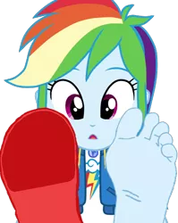 Size: 456x574 | Tagged: suggestive, artist:anthonygoody, derpibooru import, rainbow dash, equestria girls, barefoot, feet, fetish, foot fetish, foot focus, one shoe off, simple background, soles, solo, toes, transparent background