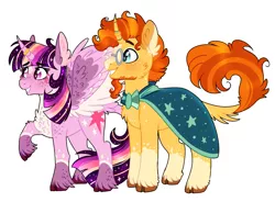 Size: 908x667 | Tagged: safe, artist:wanderingpegasus, derpibooru import, sunburst, twilight sparkle, twilight sparkle (alicorn), alicorn, classical unicorn, pony, unicorn, chest fluff, cloven hooves, ethereal mane, female, horn, horn ring, husband and wife, leonine tail, male, mare, married, married couple, rainbow power, ring, shipping, simple background, stallion, straight, twiburst, unshorn fetlocks, white background