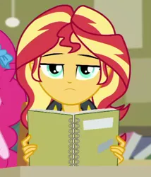 Size: 826x967 | Tagged: safe, derpibooru import, screencap, pinkie pie, sunset shimmer, equestria girls, equestria girls series, the finals countdown, bored, cropped, solo focus, sunset shimmer is not amused, unamused