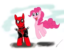 Size: 2404x1905 | Tagged: safe, artist:mr-darkblade, derpibooru import, pinkie pie, ponified, pony, crossover, deadpool, duo, open mouth, signature, smiling