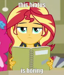 Size: 720x842 | Tagged: safe, derpibooru import, edit, editor:axal-5, screencap, pinkie pie, sunset shimmer, equestria girls, equestria girls series, the finals countdown, bored, cropped, hiatus, solo focus, sunset shimmer is not amused, text, text edit, unamused