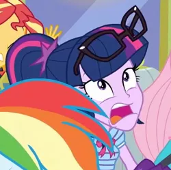 Size: 408x407 | Tagged: safe, derpibooru import, screencap, fluttershy, rainbow dash, sci-twi, sunset shimmer, twilight sparkle, equestria girls, equestria girls series, road trippin, cropped, geode of telekinesis, glasses, magical geodes, solo focus