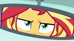 Size: 1920x1080 | Tagged: safe, derpibooru import, screencap, sunset shimmer, driving miss shimmer, equestria girls, equestria girls series, annoyed, driving miss shimmer: fluttershy, female, fluttershy's car, rear view mirror, solo, sunset shimmer is not amused, unamused