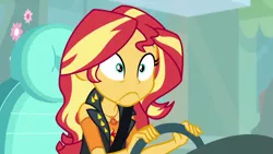 Size: 1920x1080 | Tagged: safe, derpibooru import, screencap, sunset shimmer, driving miss shimmer, equestria girls, equestria girls series, car, driving miss shimmer: fluttershy, faic, female, fluttershy's car, geode of empathy, magical geodes, solo