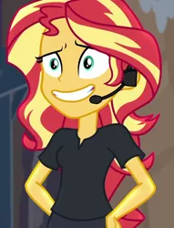 Size: 824x1078 | Tagged: safe, derpibooru import, screencap, sunset shimmer, equestria girls, equestria girls series, opening night, cropped, director shimmer, faic, female, headset, nervous, opening night: sunset shimmer, solo