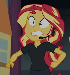 Size: 993x1059 | Tagged: safe, derpibooru import, screencap, sunset shimmer, equestria girls, equestria girls series, opening night, cropped, faic, frown, gritted teeth, headset, opening night: sunset shimmer, solo, wide eyes, worried